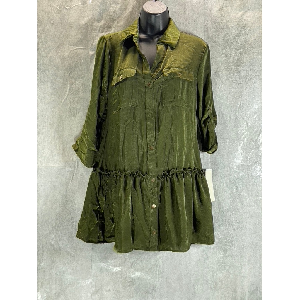 Kingston Grey Juniors' Olive Ruffle-Hem Long-Sleeve Button-Front Shirtdress Szxs